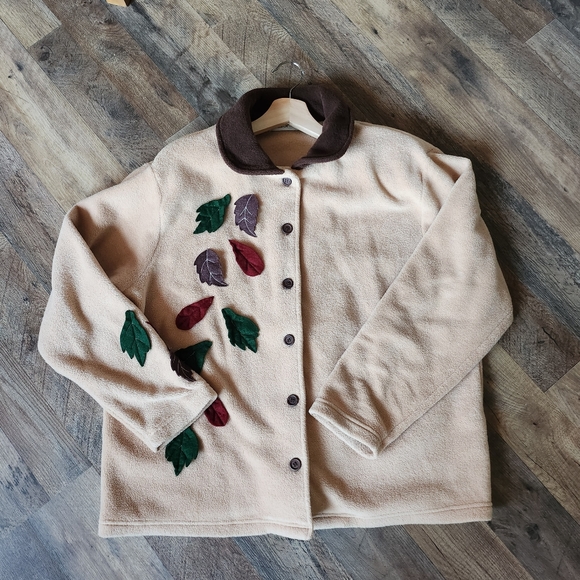 Vintage 1990s CD Sport Leaves Graphic Fleece Sweater / 90s Jacket / 90s Button U - Picture 2 of 5